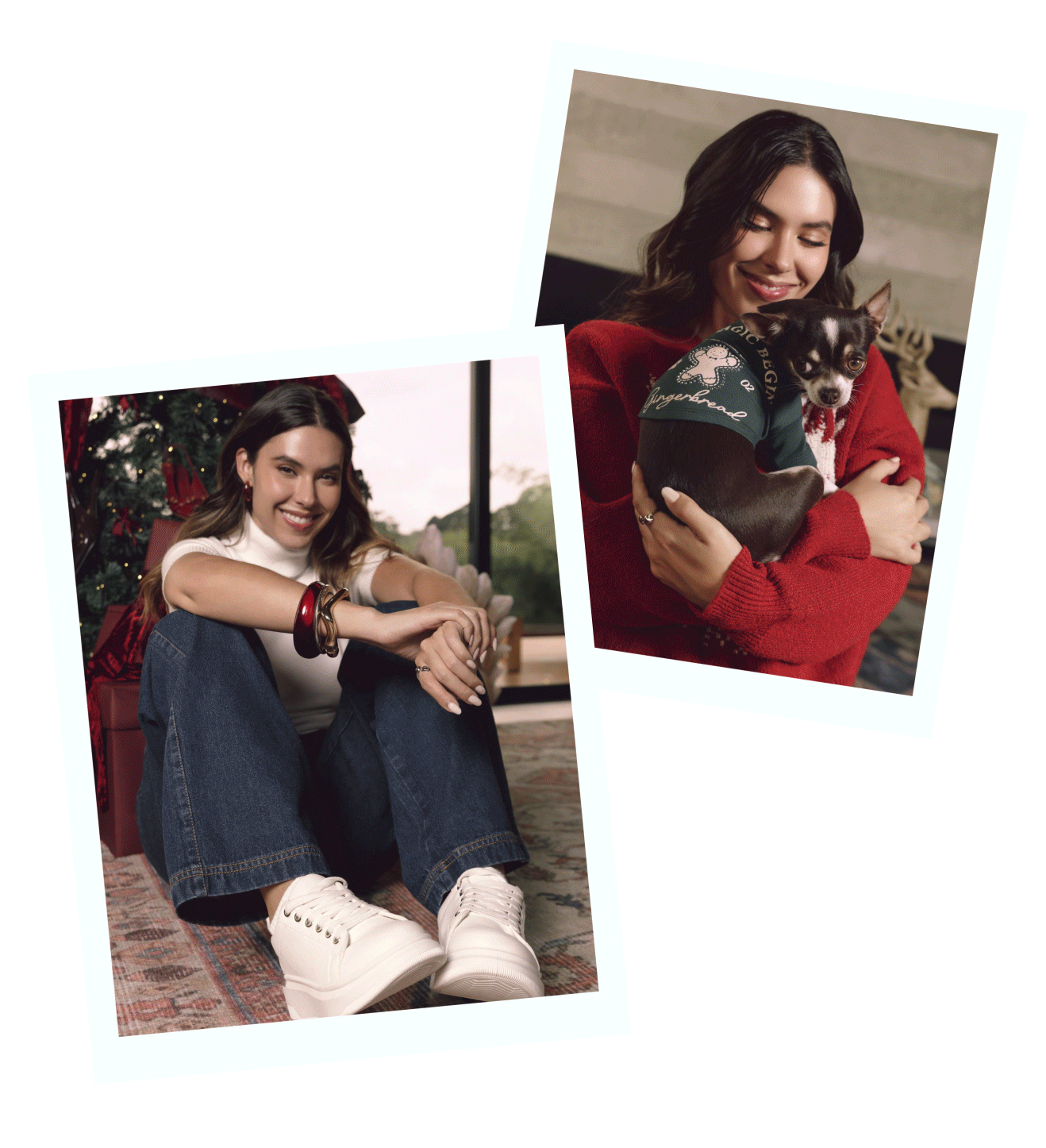 Daniela Salazar con falda beige, buzo gris a rayas y chaqueta vino tinto