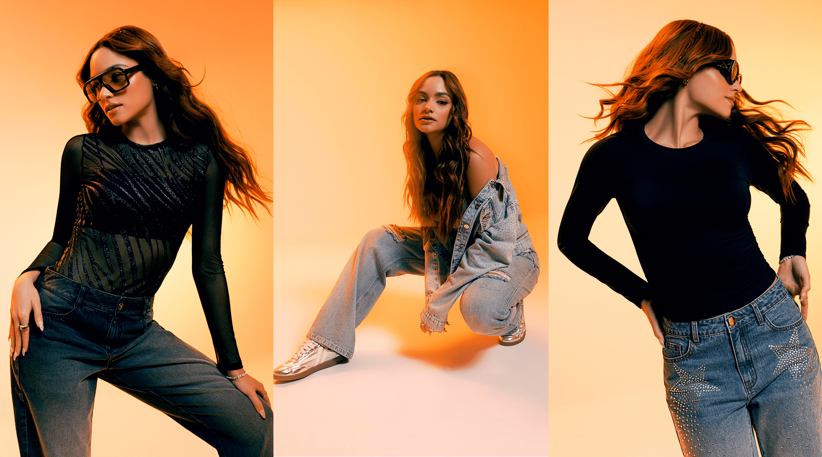 Foto de modelo usando blue jeans de la marca ela. Puedes combinarlo con blusas negras manga larga o chaquetas de jean