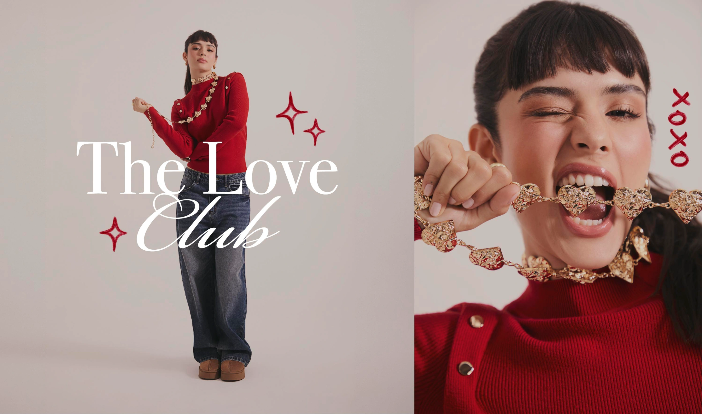 Colección de Amor y Amistad para mujer de ela con looks en rojo y denim de The Love Club.