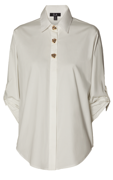 Camisa blanca para mujer con botones dorados de la colección de madres de la marca ELA