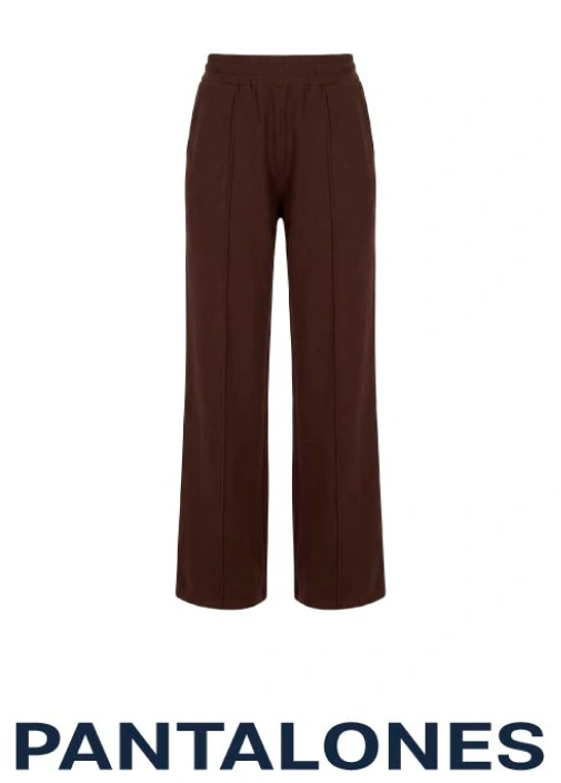 Pantalón wide leg café de tiro alto, pretina elástica y pierna amplia.