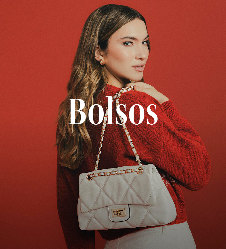 Mujer vistiendo buzo rojo y bolso acolchado beige con cadena dorada, estilo moderno de la marca ela